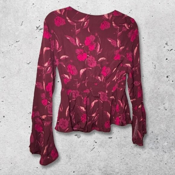 Leith Peplum Floral Blouse V-Neck Long Bell Sleeve Burgundy Pink Women’s US S - Picture 4 of 11